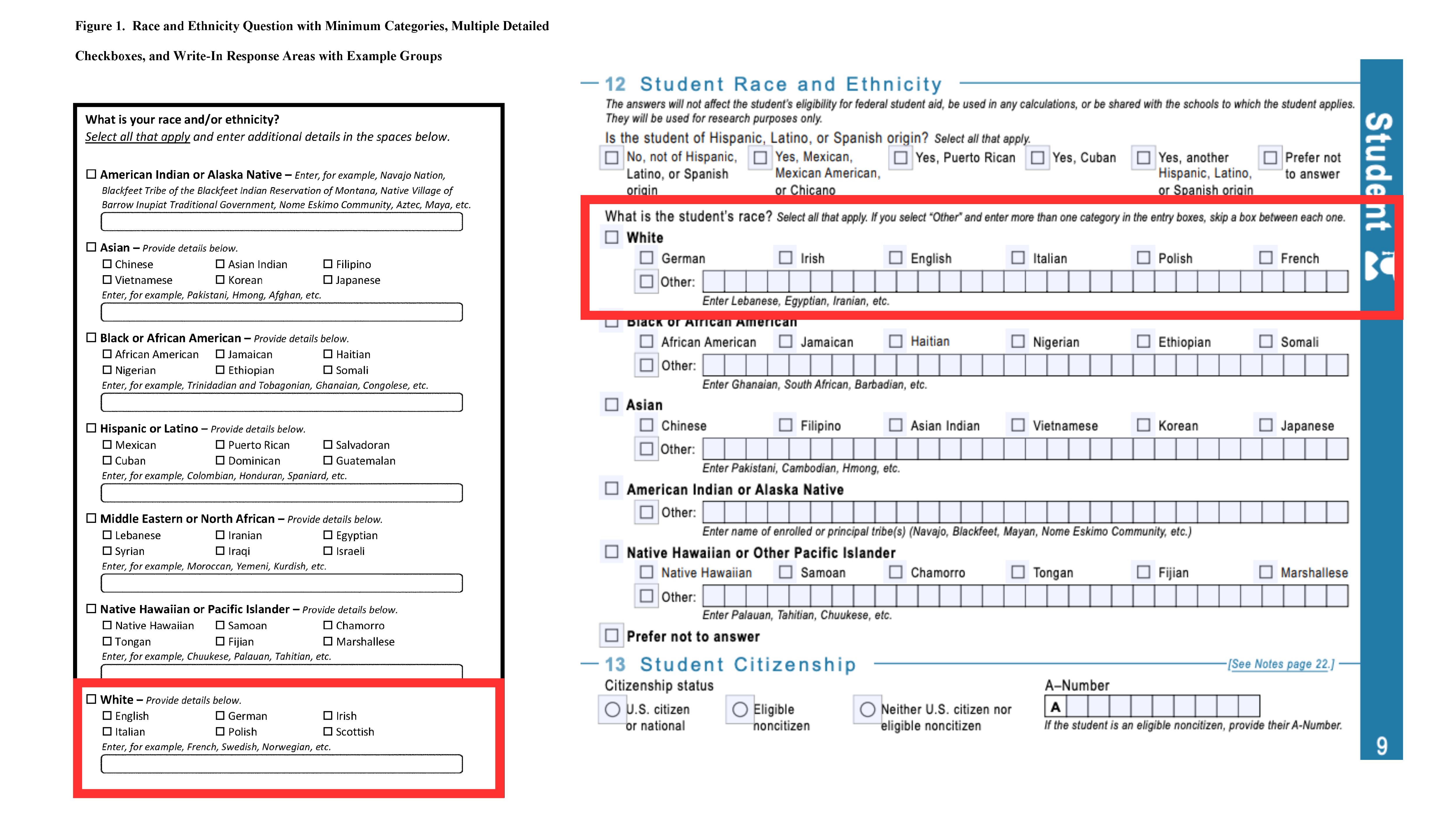 On the left: An image of the OMB's race and ethnicity example form. On the right: the 2024-2025 FAFSA race and ethnicity question section. The section for 