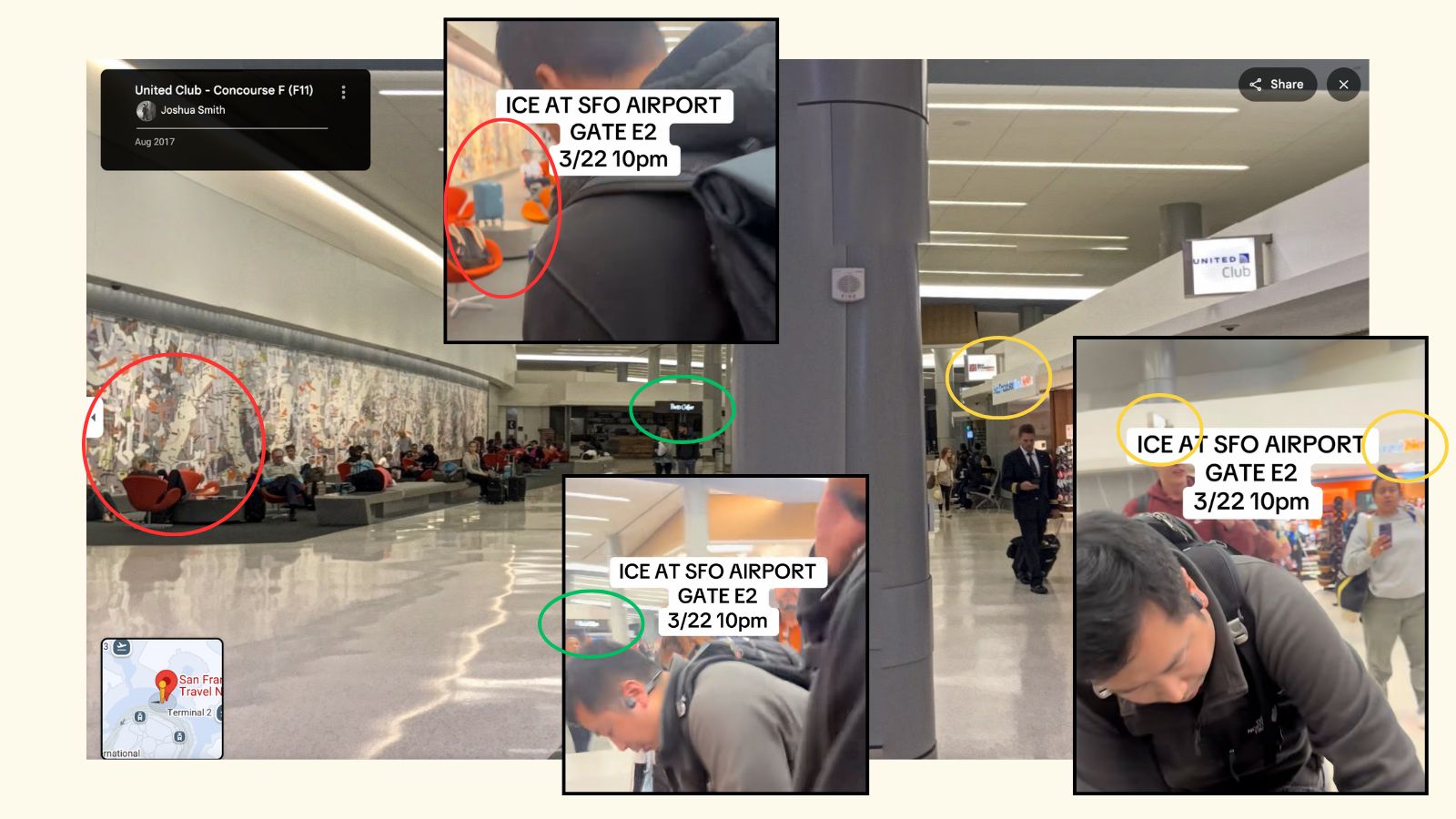 A composite image points out visual similarities between a Google Maps image and screenshots from a video showing an ICE arrest at San Francisco International Airport.