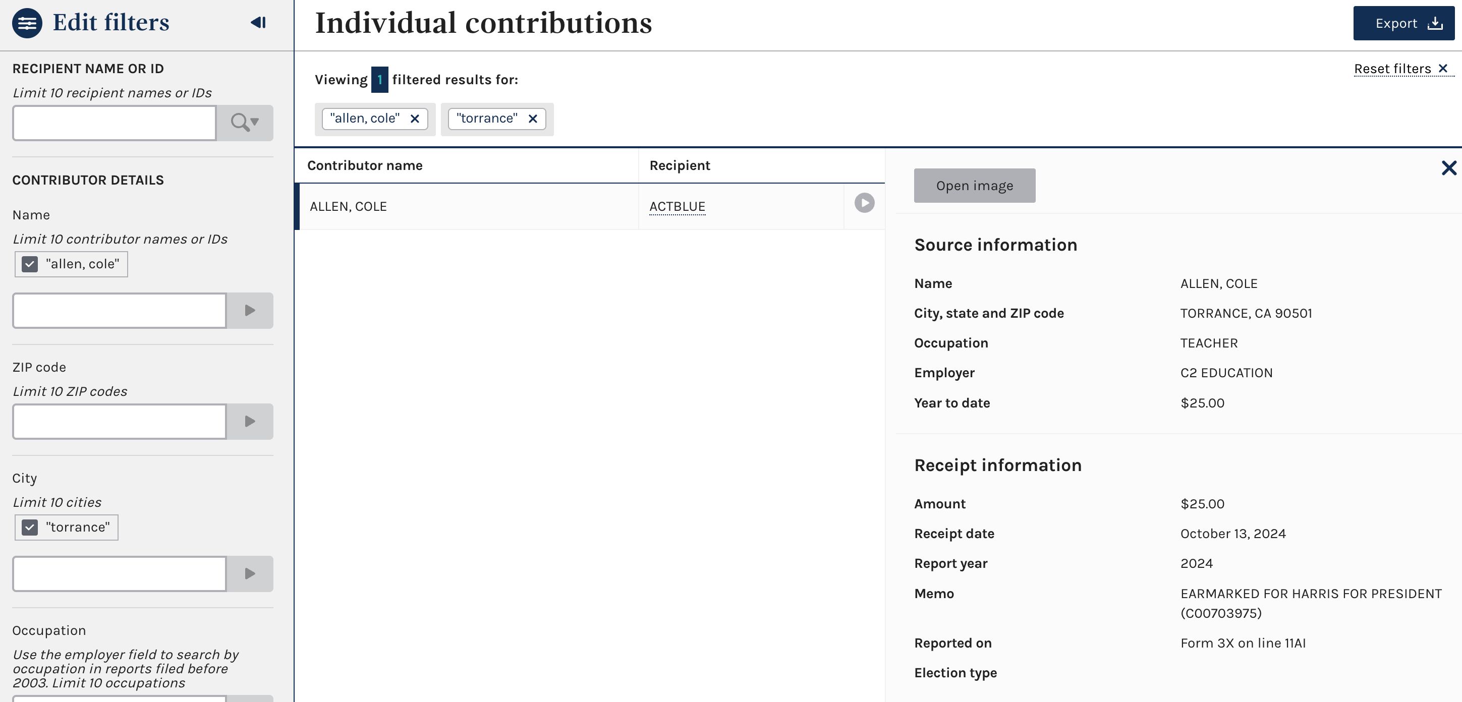 Screenshot of FEC data that shows a $25 donation from Allen, Cole to ActBlue, earmarked to Harris for President. 