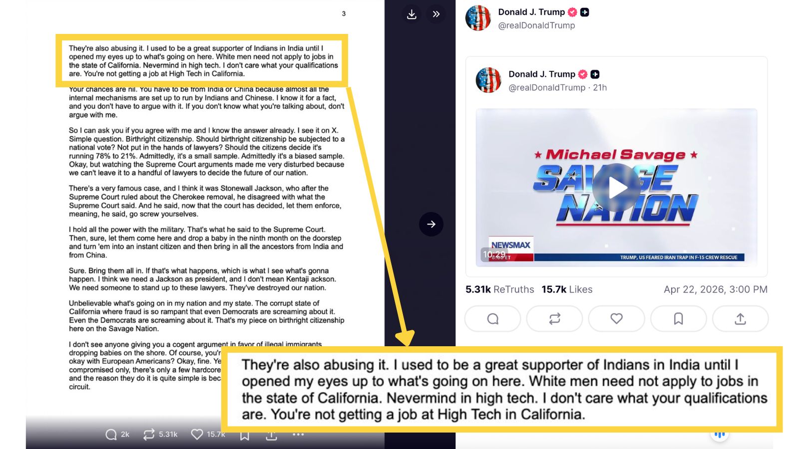 Highlighted passage from an @realDonaldTrump Truth Social post that says, 
