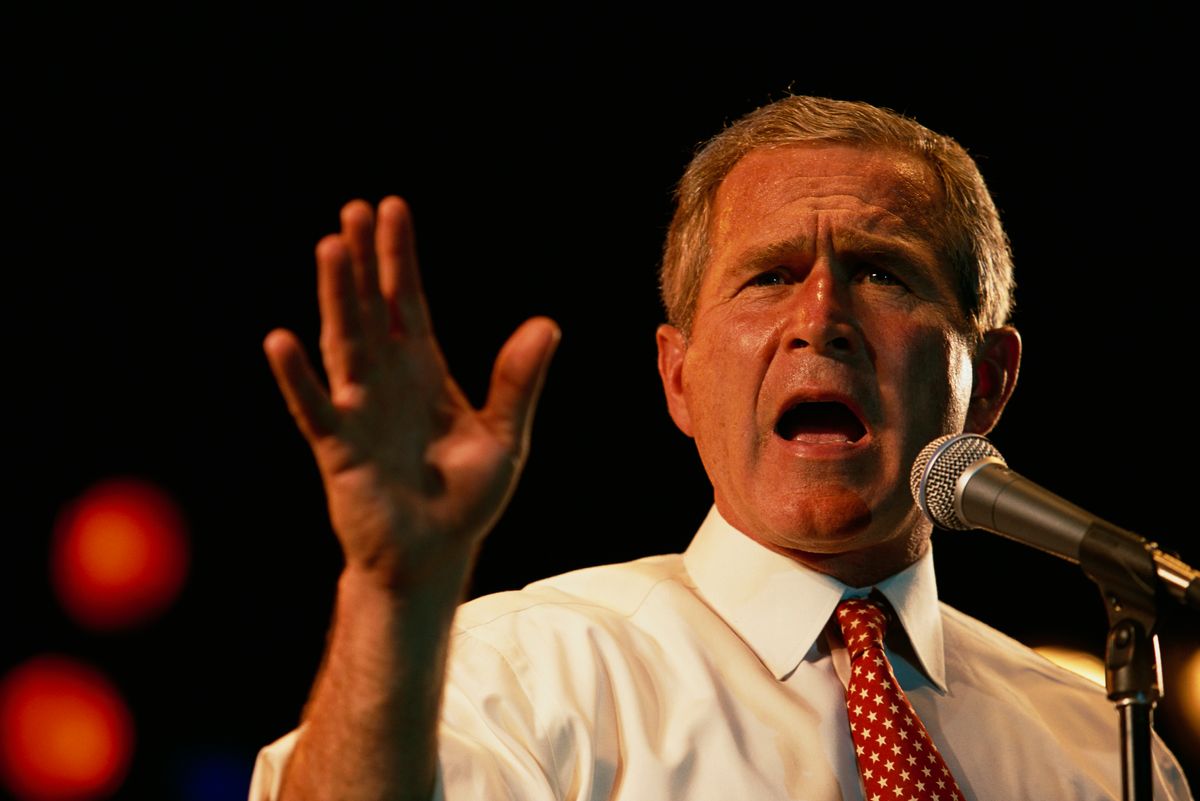 George W. Bush speaks at a rally during his presidential campaign. Bush won the 2000 Presidential Election against Vice President Al Gore after a controversial vote recount in Florida. (Photo by Brooks Kraft LLC/Sygma via Getty Images)