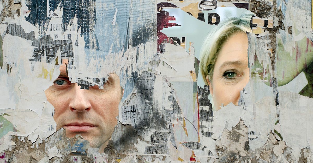 Paris. March 26, 2017 - French elections 2017: Wall with scratched pictures of Emmanuel Macron and Marine Lepen