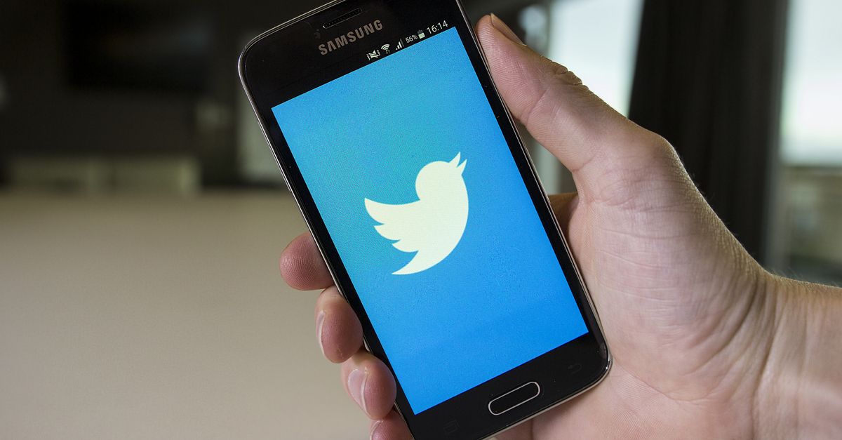 Hand holding smartphone that is displaying a large Twitter logo