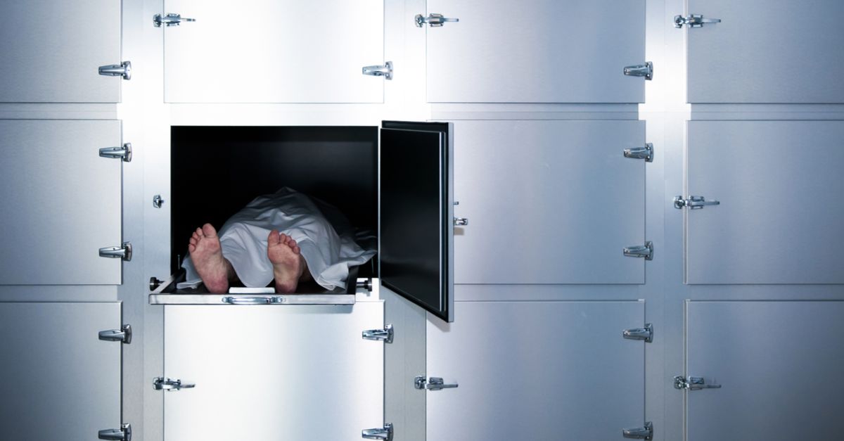 Feet sticking out of drawer in morgue