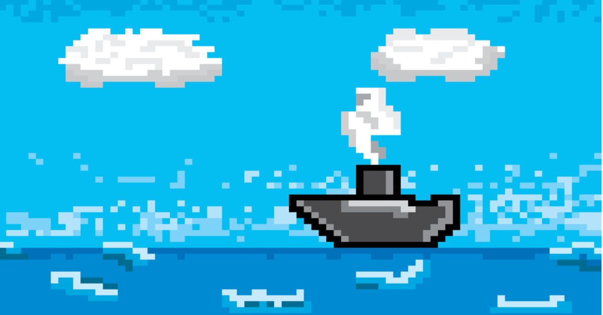 Pixelated image of a ship on a pixelated ocean under a pixelated sky.