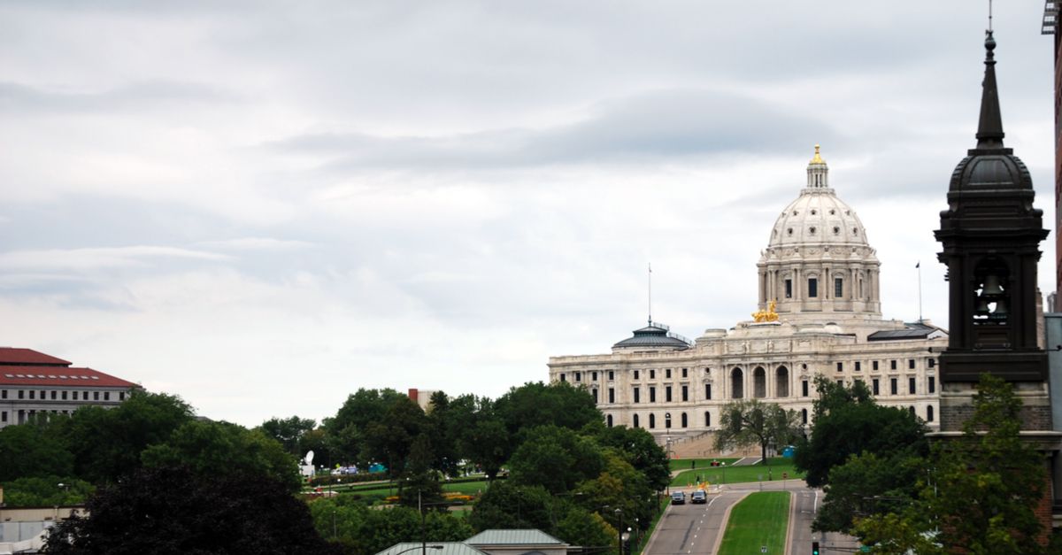 Cars drive by the Minnesota State Capitol during the Republican National Convention, September 2008.