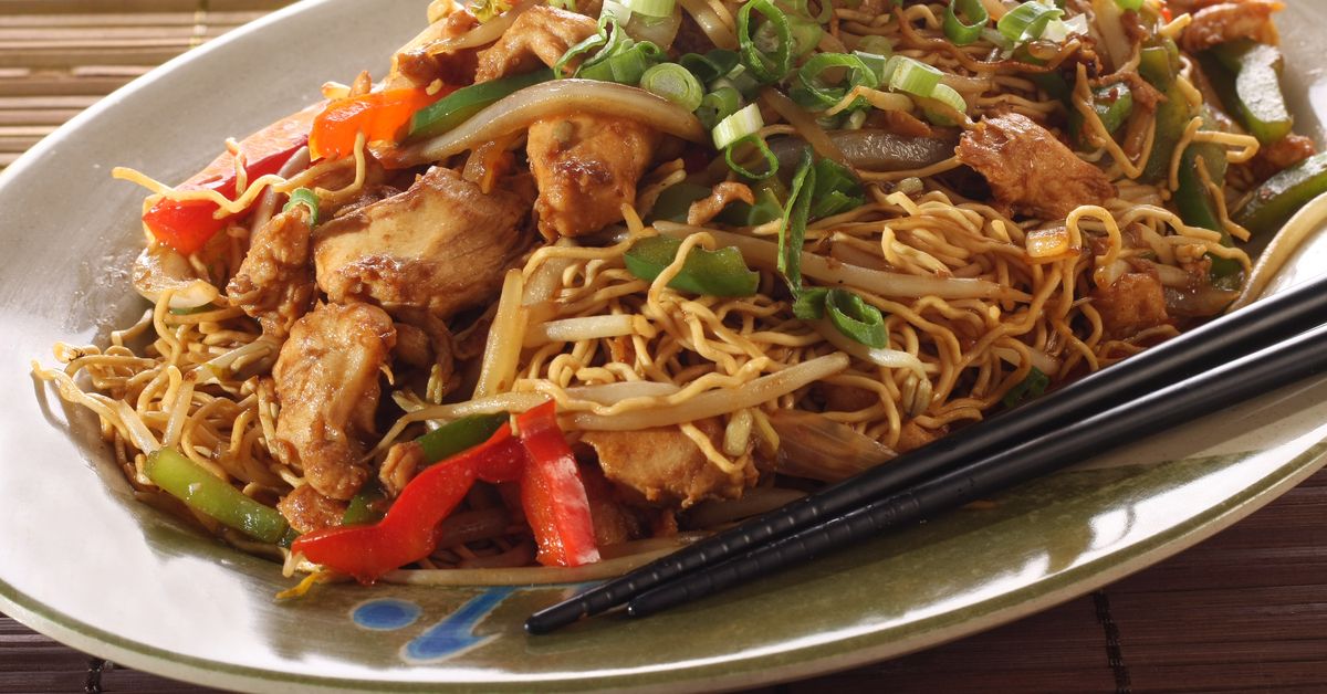 Plate of chow mein Chinese food