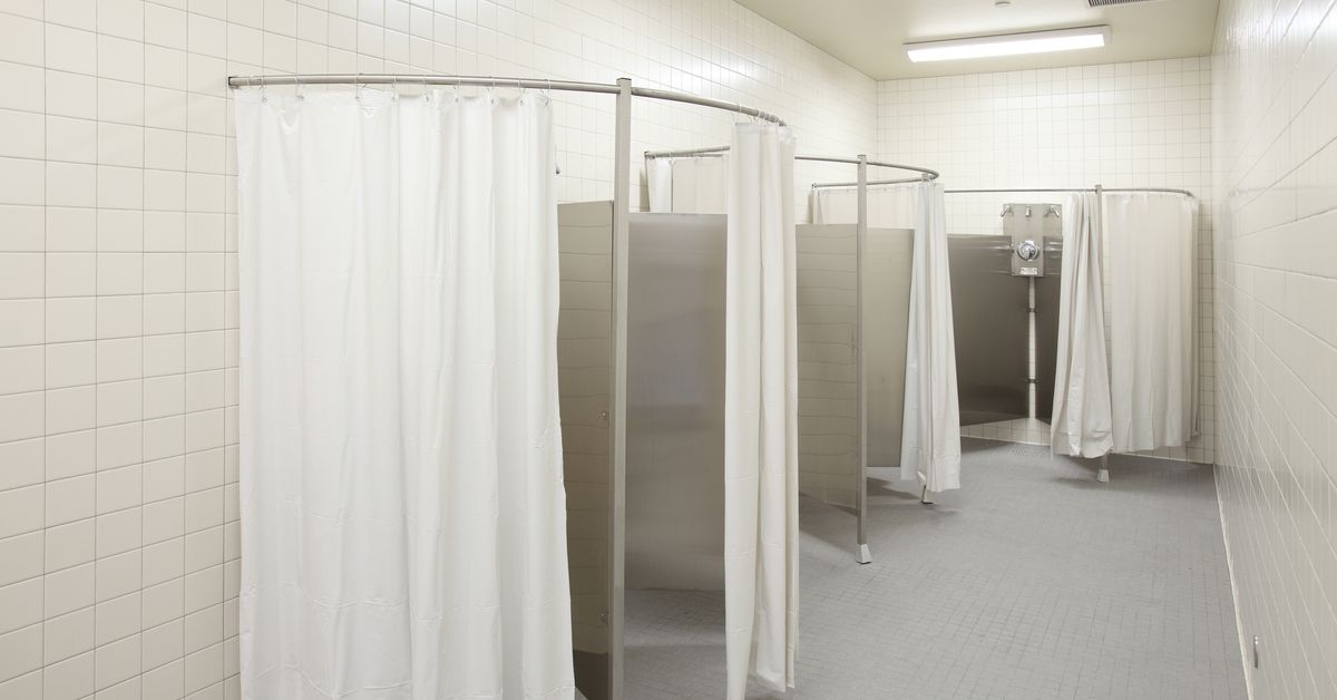 Locker room showers.