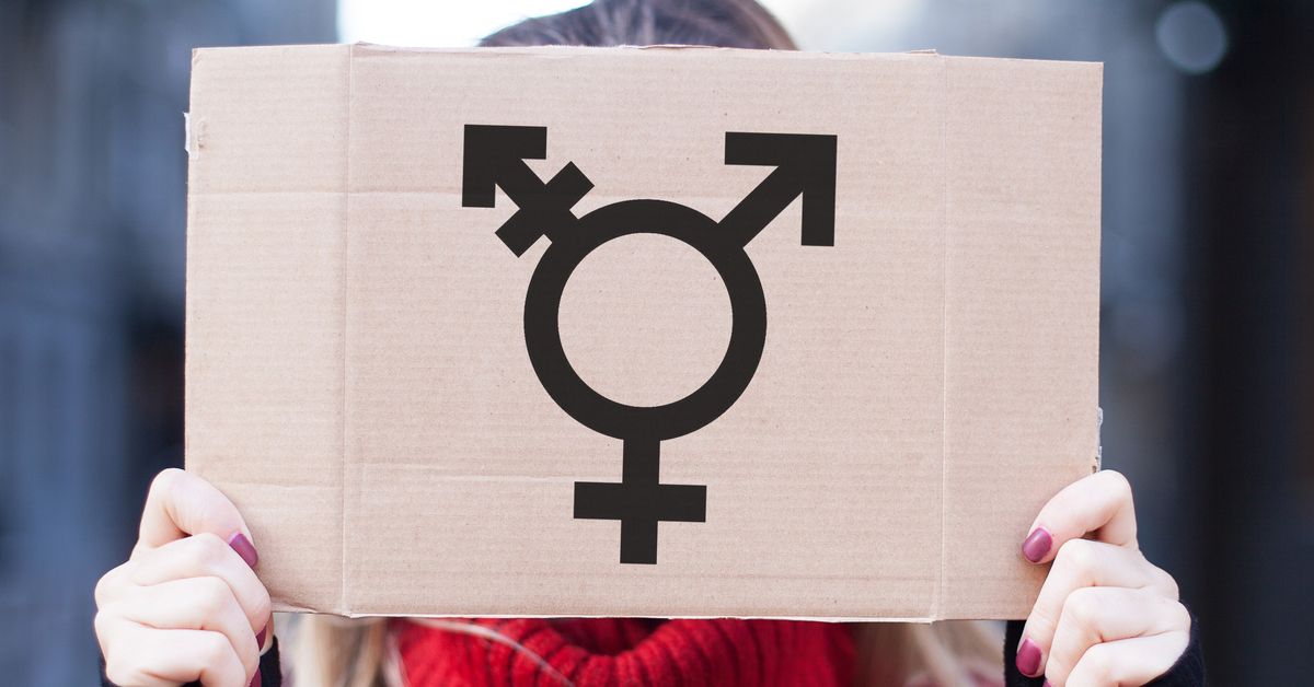 Hands holding a sign with a transgender logo.