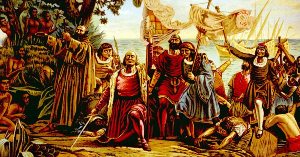 Christopher Columbus landing on the island of Guanahane (San Salvador) on October 12, 1492, chromolithograph from painting by Dioscoro Puebla, 1892