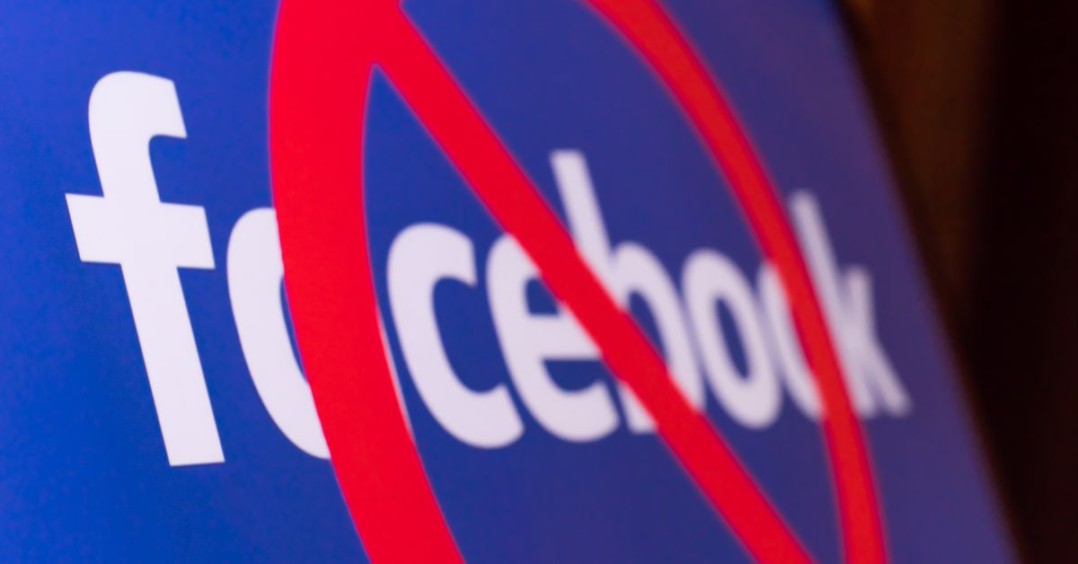 Facebook logo with a red bar over it.