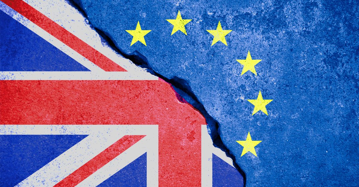 Flag that is half Union Jack, half European Union.