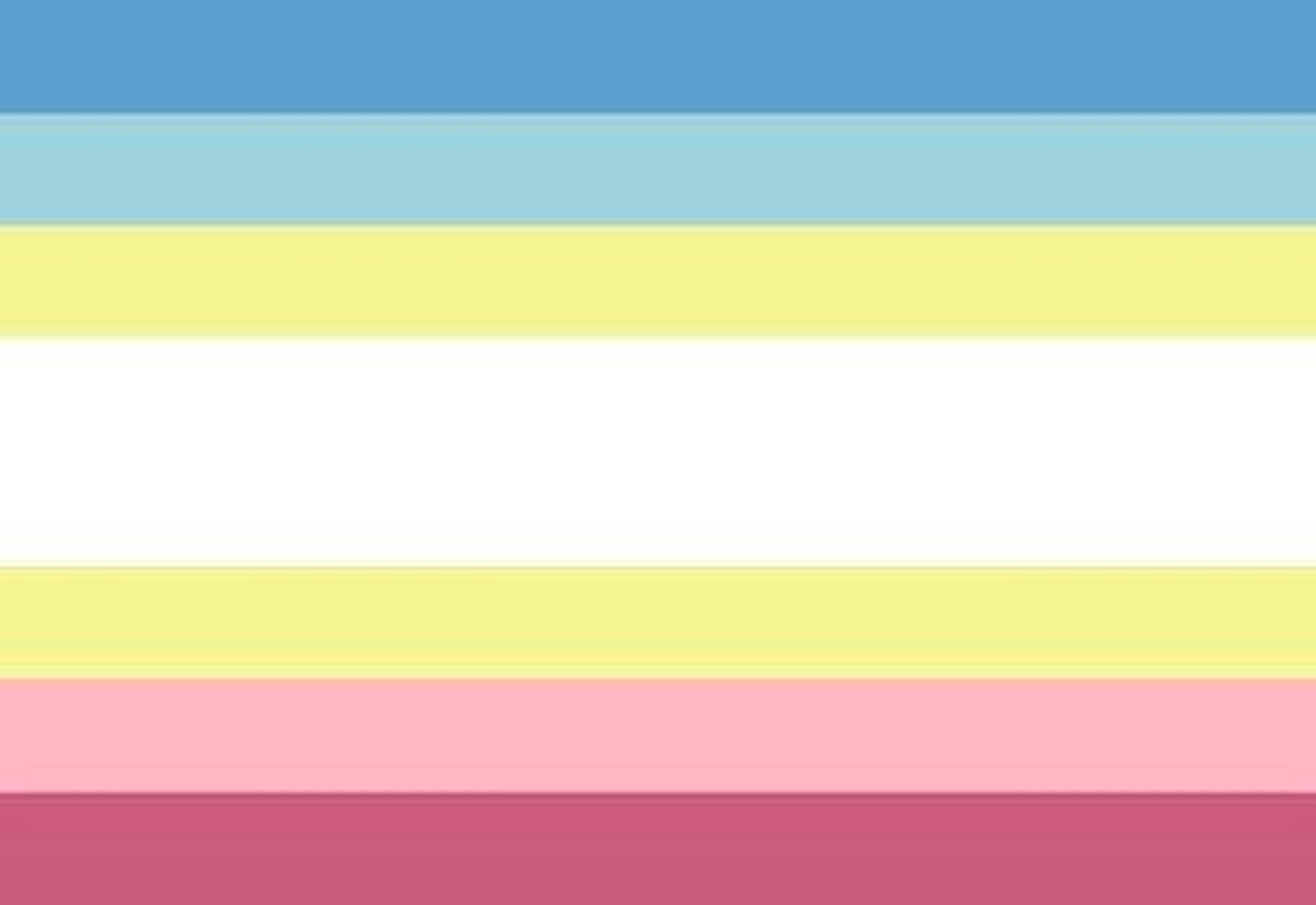 A gradient flag has shades, from top to bottom, or dark blue, light blue, yellow, white, yellow, light pink, and dark pink. The white stripe in the middle is twice as big as the other stripes.