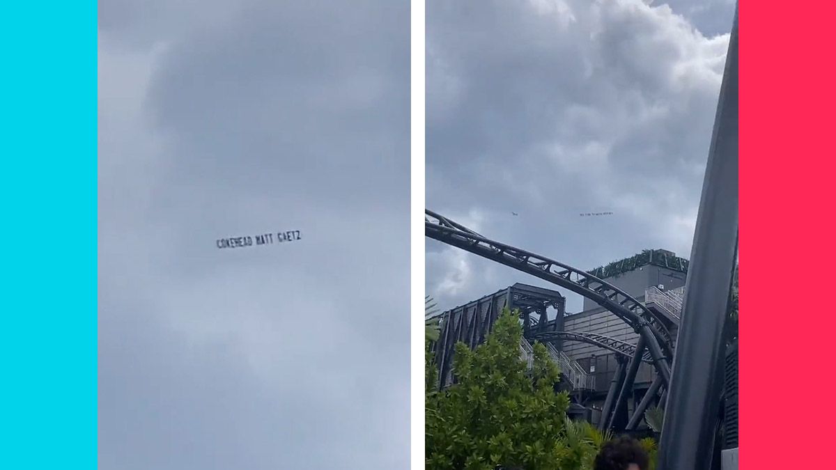 Walt Disney World Resort guests spotted banners dragged by airplanes that said Cokehead Matt Gaetz Tried to Drug Test Welfare Recipients.