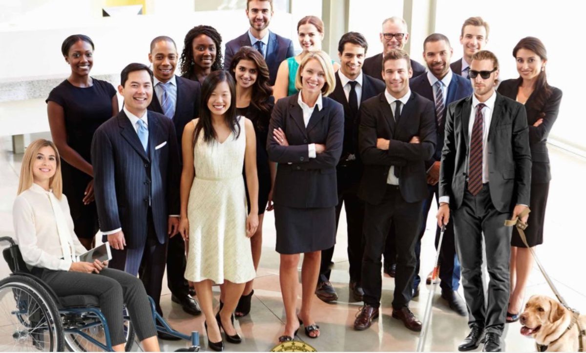 The claim is that a report from the ODNI used a group photograph that had been altered to include disabled persons with a wheelchair and a seeing eye dog.