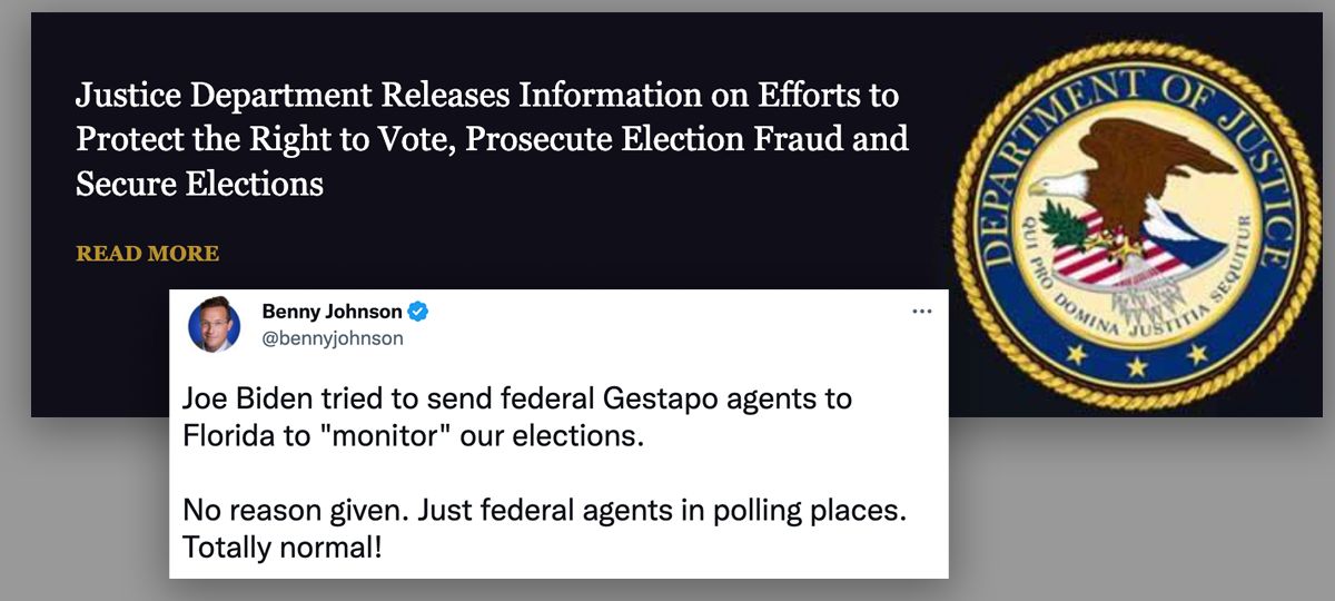 Two images in a collage. First is of a DOJ press release, second is of a tweet. 