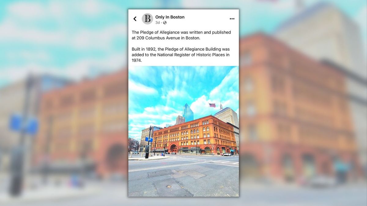 A screenshot of a Facebook post from Only In Boston says, "The Pledge of Allegiance was written and published at 209 Columbus Avenue in Boston. Built in 1892, the Pledge of Allegiance Building was added to the National Register of Historic Places in 1974." Below it is a picture of an orange building in a city with an American flag on top. The background is the picture of the city filling the entire frame.