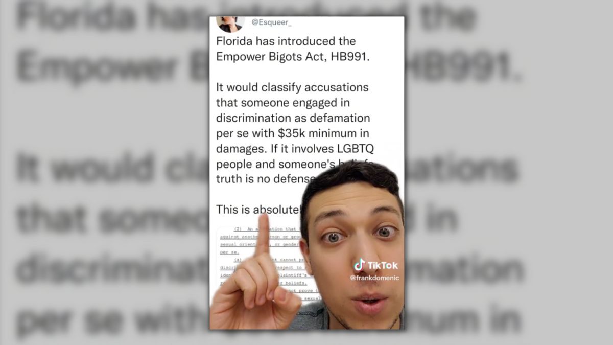 A person points up to a tweet on screen that says, "Florida has introduced the Empower Bigots Act, HB991. It would classify accusations that someone engaged in discrimination as defamation per se with $35k minimum in damages. If it involves LGBTQ people and someone's truth is no defense. This is absolutely." Their head is covering up part of the post.