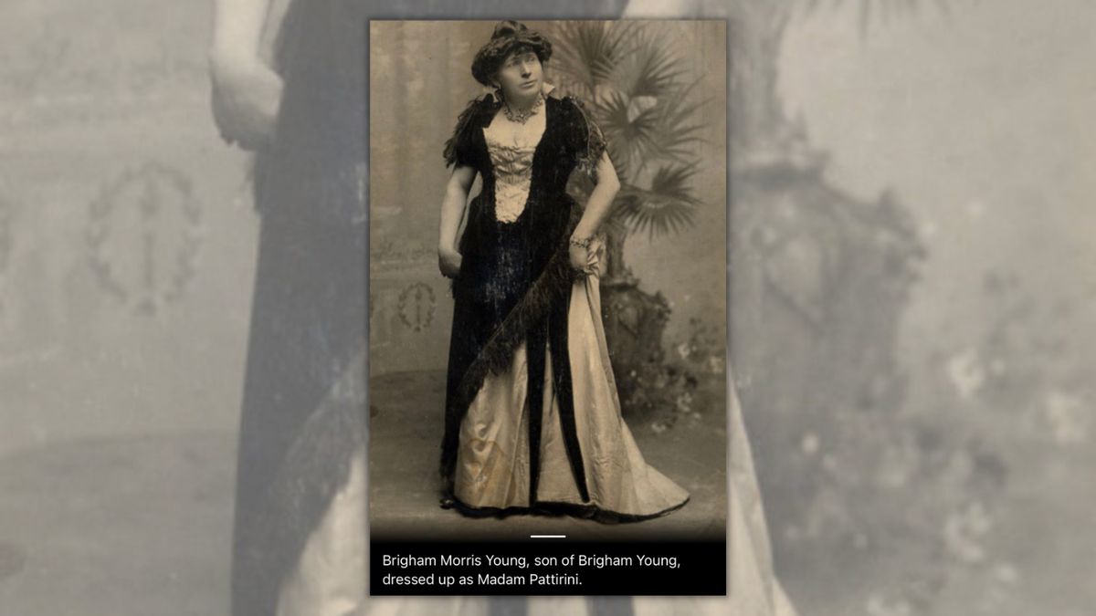A drag performer is wearing a dress in a black and white photograph. It says at the bottom, "Brigham Morris Young, son of Brigham Young, dressed up as Madam Pattrini."