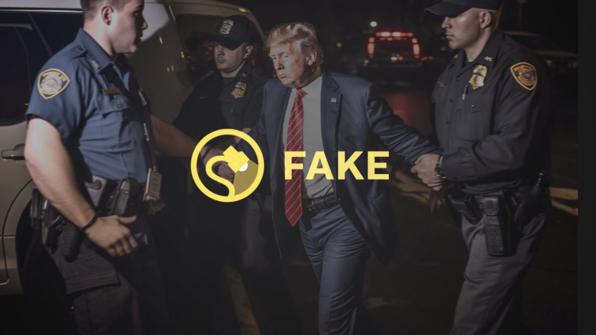 A man in a suit is walking forward, held by two police officers. Another has grabbed his hand. The word "Fake" is over the image.