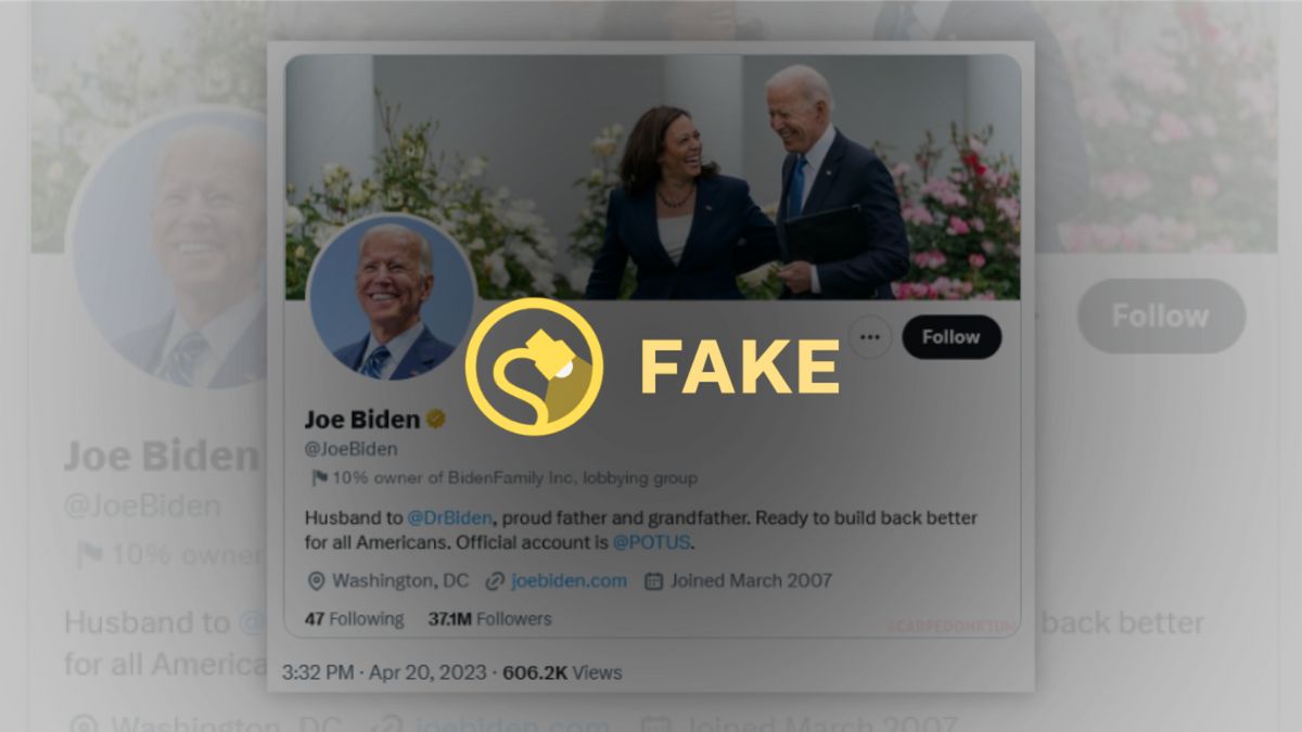 A post that claims President Biden's Twitter account has a business verification and a label that says "10% owner of BidenFamily Inc, lobbying group" has a Fake label over it.
