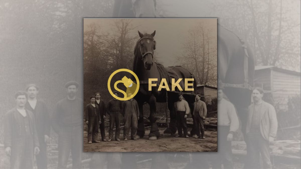 A picture of a gigantic horse surrounded by several people has a fake overlay on it.