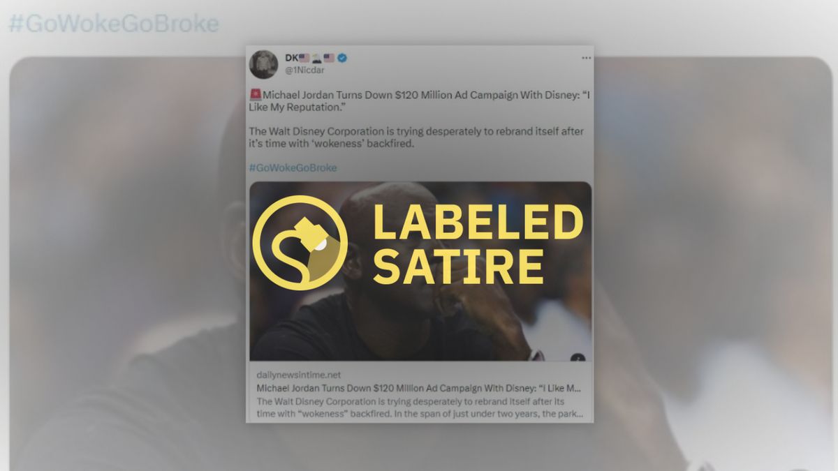 A claim that Michael Jordan has turned down a Disney ad campaign is labeled satire.
