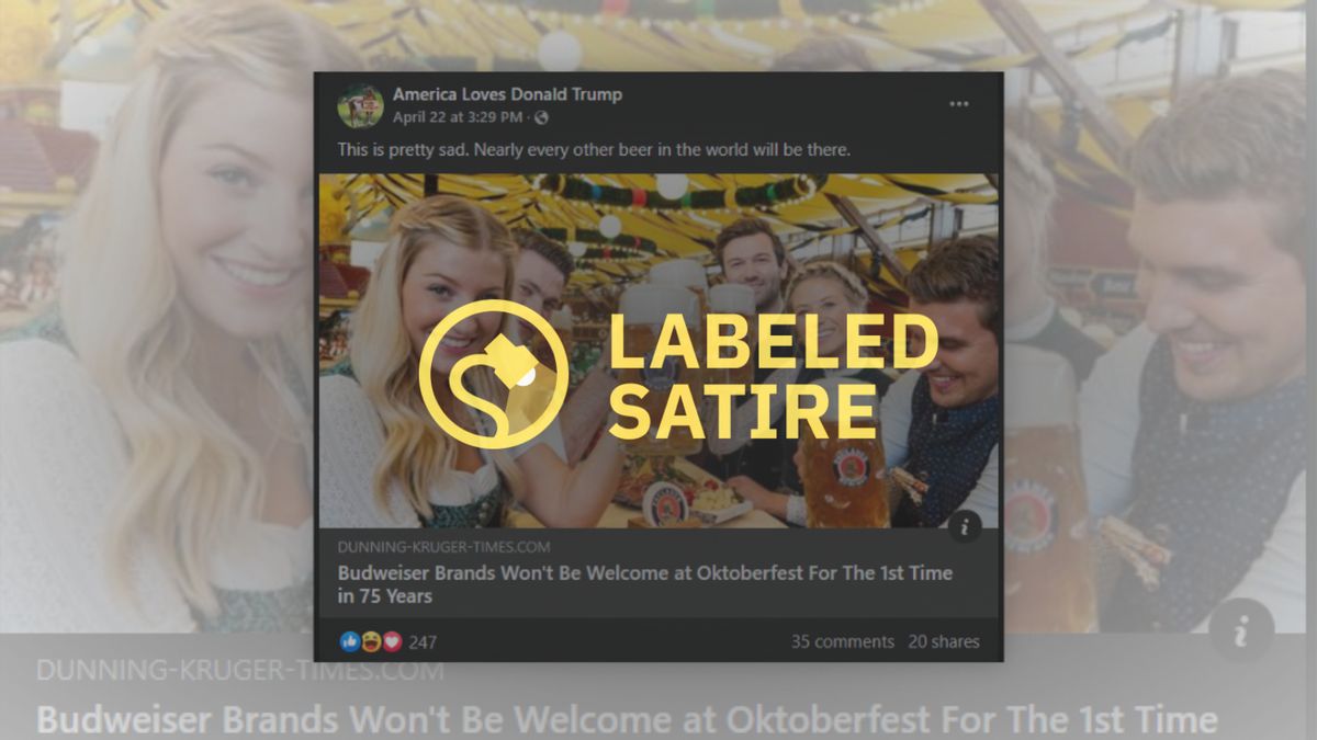 A claim that Budweiser won't be at Oktoberfest for the first time in 75 years is labeled satire.