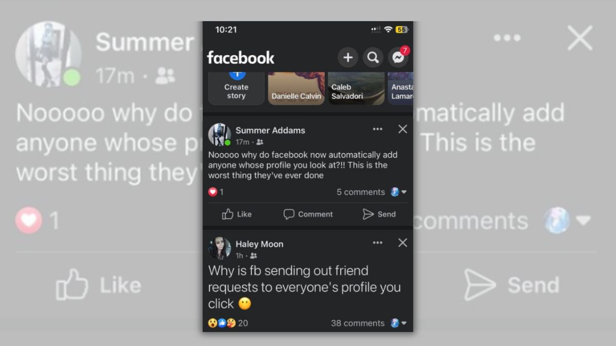 An image shows various Facebook users saying the social media platform was sending friend requests to profile pages the user clicked on.