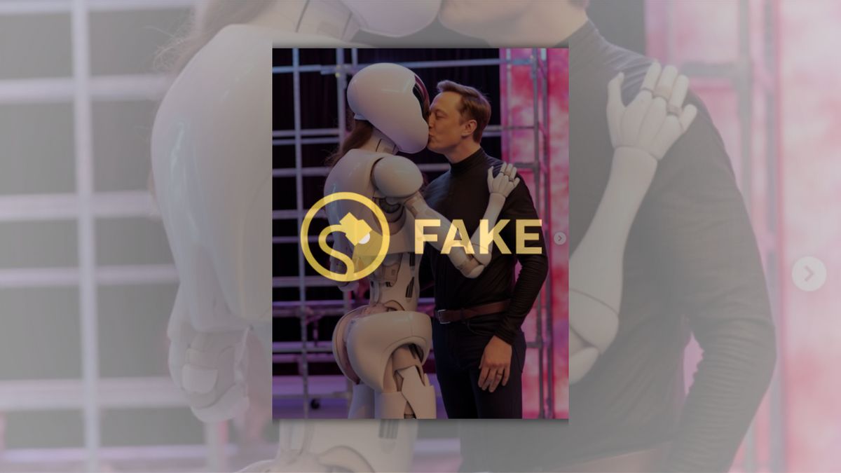 A white man kisses a robot with long brown hair.