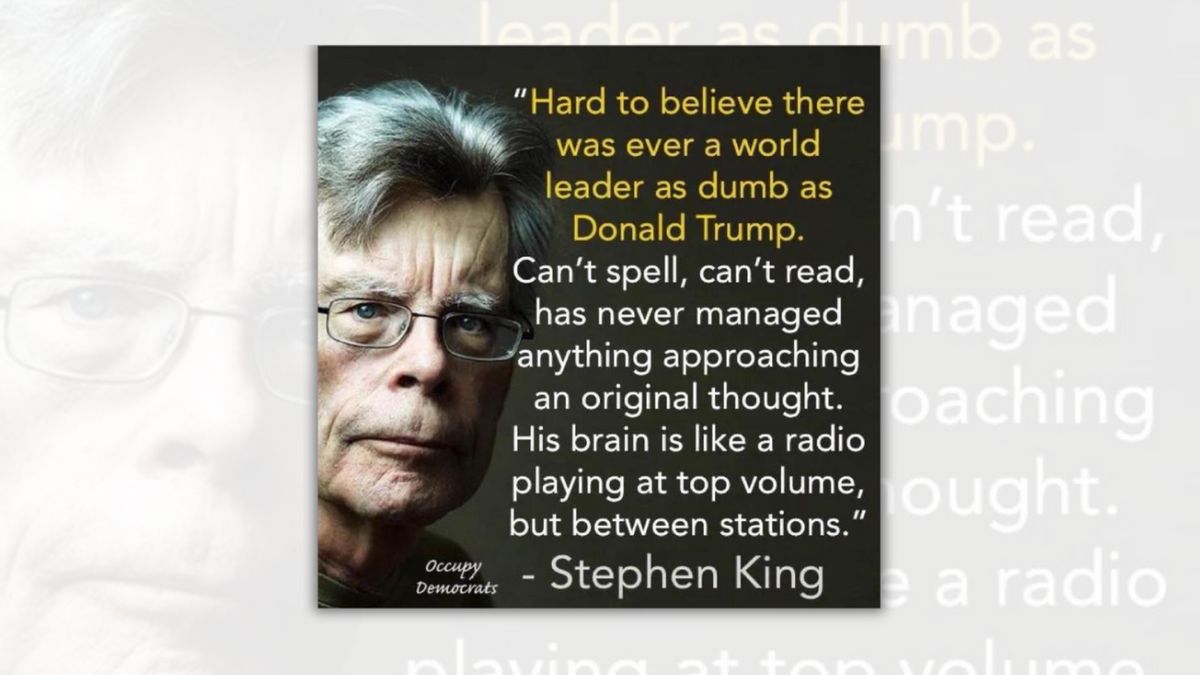 A white man wearing glasses looks forward. Next to him, a quote says, "Hard to believe there was ever a world leader as dumb as Donald Trump. Can't spell, can't read, has never managed." The first sentence of the quote is yellow, while the rest of the quote and the attribution are white. In cursive font towards the bottom of the image, it says, "Occupy Democrats."