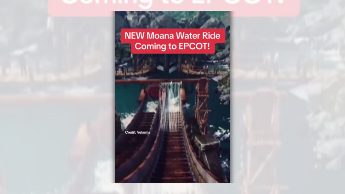 White text on a red background says "NEW Moana Water Ride Coming to EPCOT!' is above a rollercoaster track.