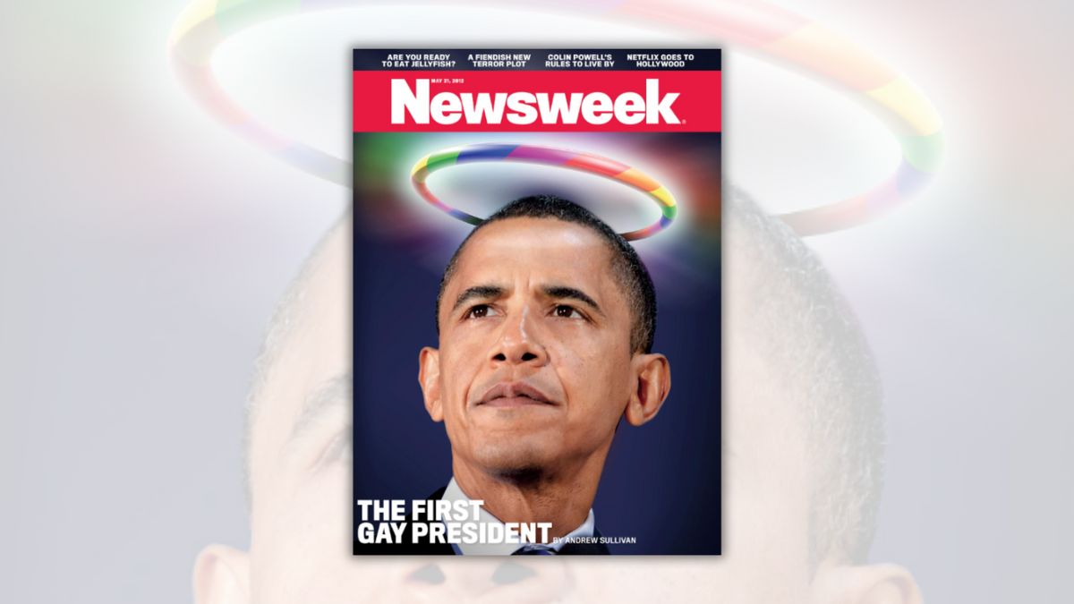 A Black man looks forward with a rainbow halo surrounding his head. Above the halo, it says Newsweek and is dated May 21, 2012. In the left cover, it says "The First Gay President by Andrew Sullivan."