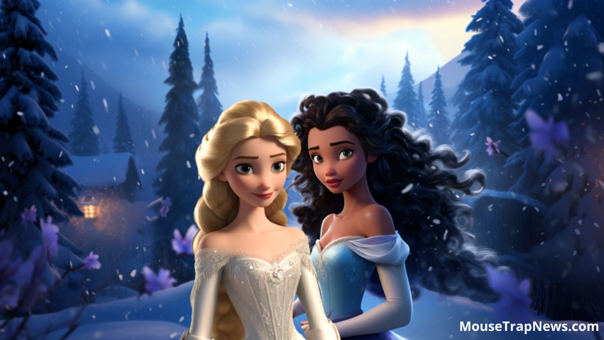 A white woman wearing a white dress stands next to a Black person wearing a blue dress. They are standing outside in the snow. Trees surround them, and you can see a cabin on the left side of the screen.