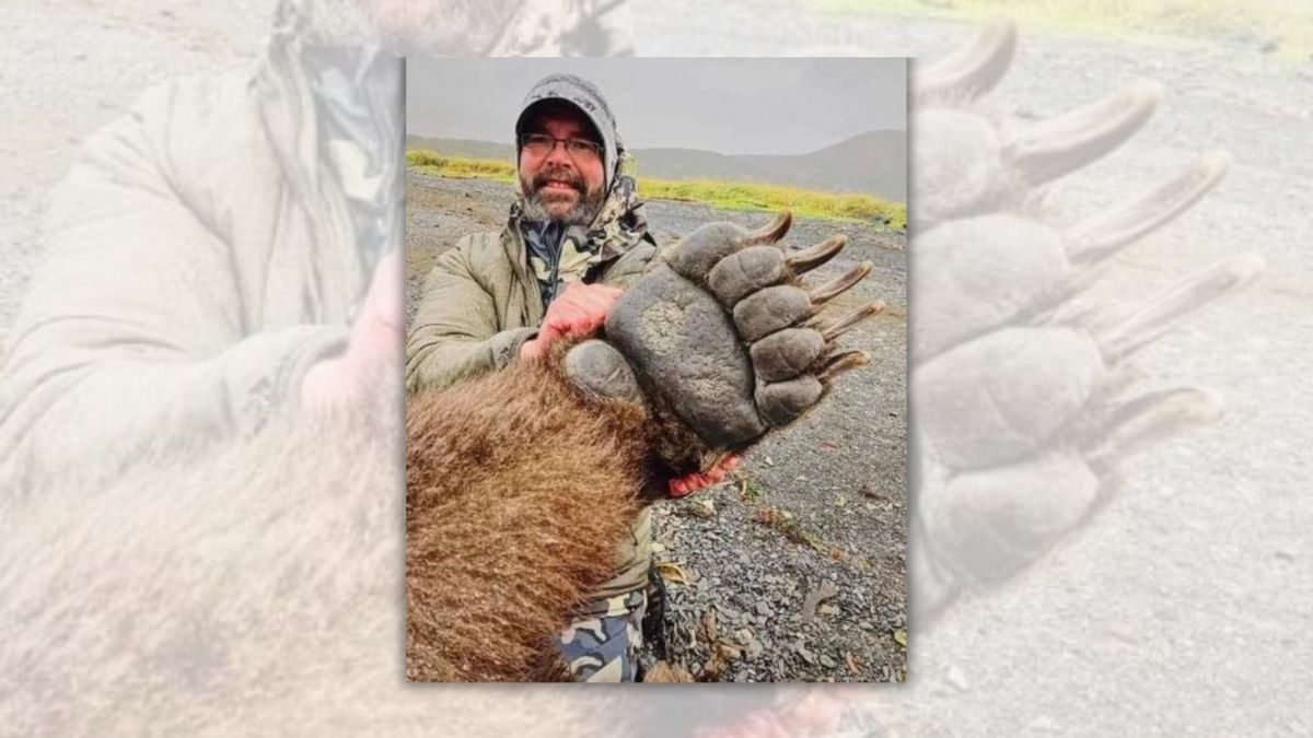 A hunter is holding a bear paw seemingly twice the size of his head.