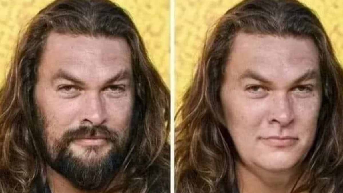 The same Polynesian man appears twice on an image. He has a beard on his left side, while he doesn't have a beard on the right side.