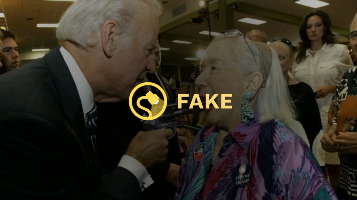 A Fake overlay is over an image that claims to show a white man holding a gun in a white woman's mouth.