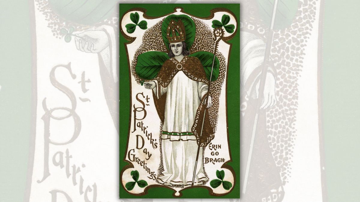 Green St. Patrick's Day postcard, with gold embossed detail. Illustration depicts an image of St. Patrick holding a shamrock. The words "ERIN GO BRAGH" (long live Ireland) appear in the lower right corner. 