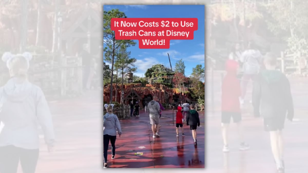 White text says, "It Now Costs $2 to Use Trash Cans at Disney World!" Below, you can see people walking around outside.