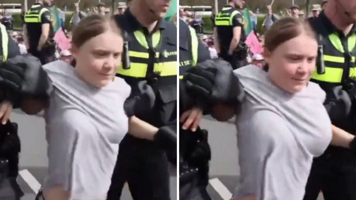 A white woman is held by people wearing black jackets. On the left side, her breasts are smaller, while on the right her breasts are larger.