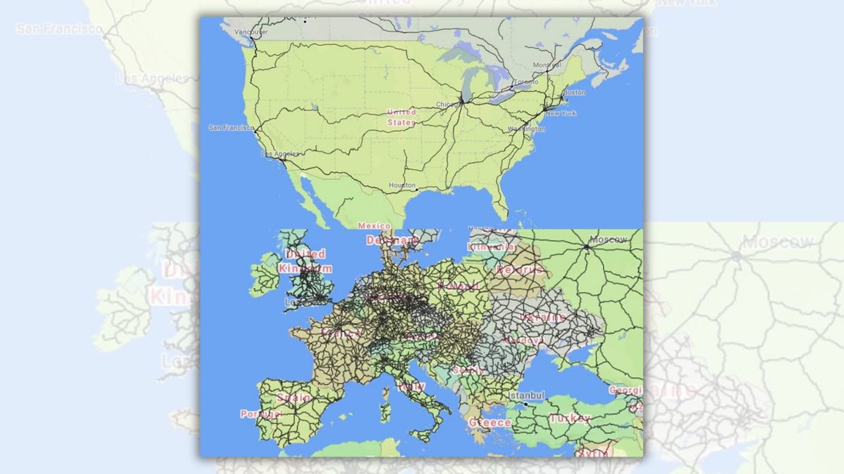 Two maps are shown. The top map alleges to show rail lines in the US, while the bottom maps show rail lines in Europe.