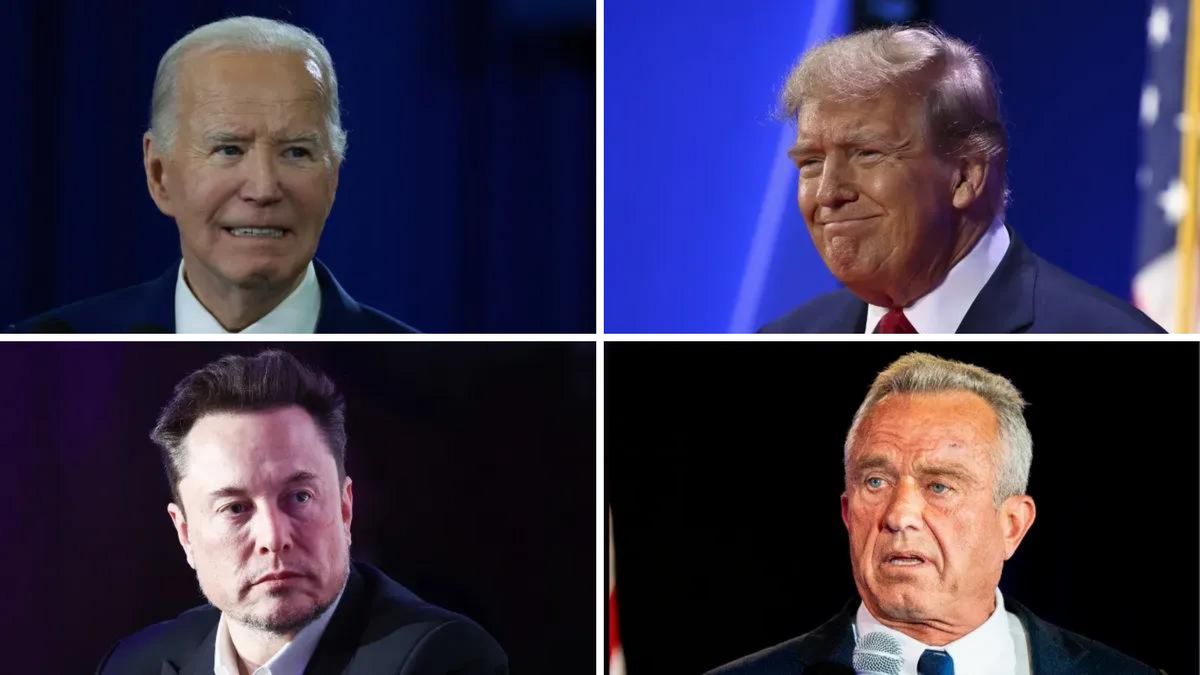 Four white men wearing dark suits are shown. From top to bottom clockwise, they are Joe Biden, Donald Trump, Robert F. Kennedy Jr. and Elon Musk.