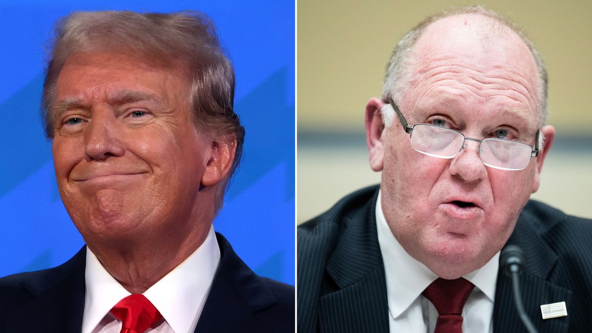 An image of a white man smiling is next to another white man sitting down who is speaking behind a mic. Both are wearing black suits.