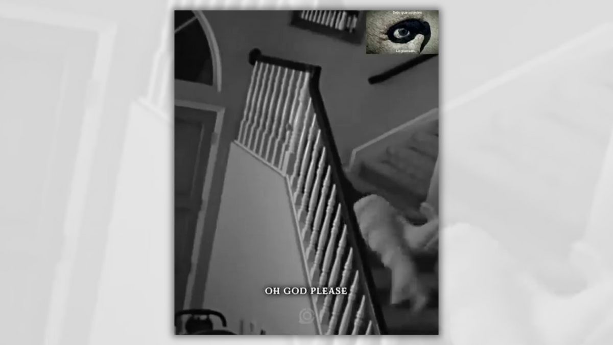A person appears to be dragged down a set of stairs in a black and white image. At the bottom, white text says, "OH GOD PLEASE."