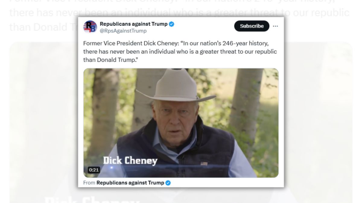 A video showing a white man wearing a white cowboy hat states he is Dick Cheney. The caption for the video says, "Former Vice President Dick Cheney: “In our nation’s 246-year history, there has never been an individual who is a greater threat to our republic than Donald Trump." The account that posted the video is Republicans against Trump.