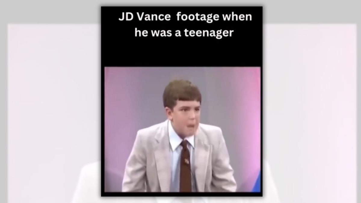 An image claims to show a white boy wearing a white suit standing. The caption says, "JD Vance  footage when he was a teenager."