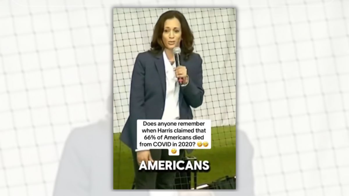 A Black Indian woman wearing a gray suit holds a microphone. Black text on the image says, "Does anyone remember when Harris claimed that 66% of Americans died from COVID in 2020?" with three laughing emojis that follow. "Americans" is seen in big white type below it.
