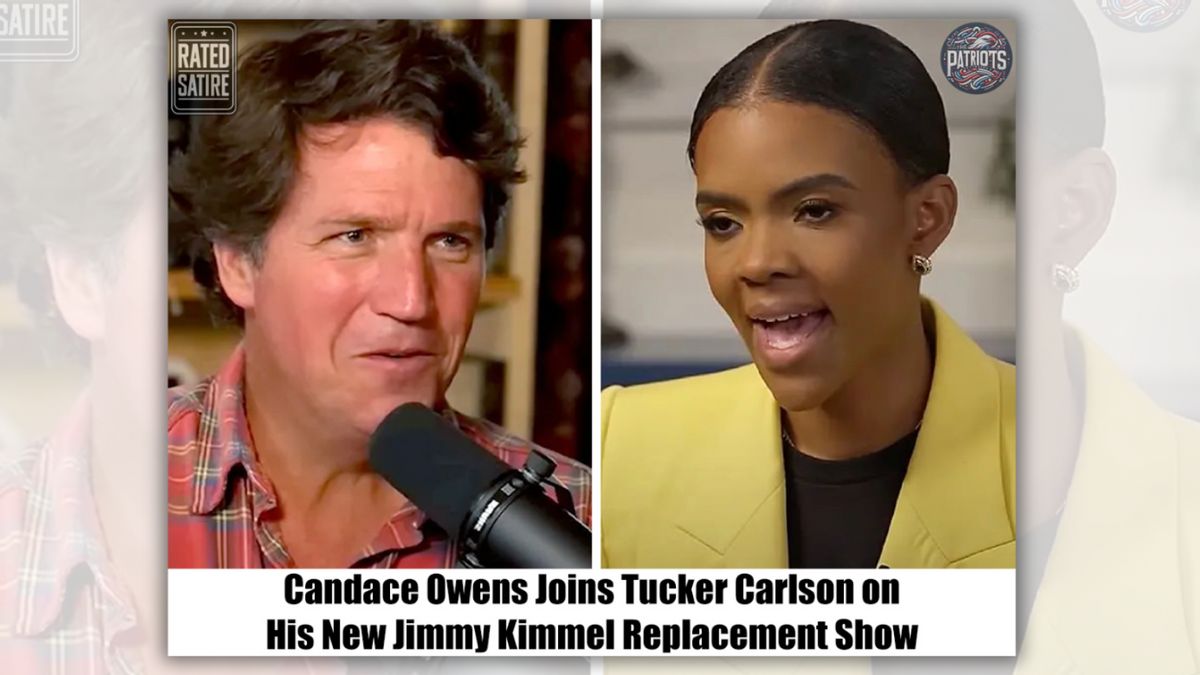A white man is pictured next to a Black woman. At the bottom, black text says, "Candace Owens Joins Tucker Carlson on His New Jimmy Kimmel Replacement Show."
