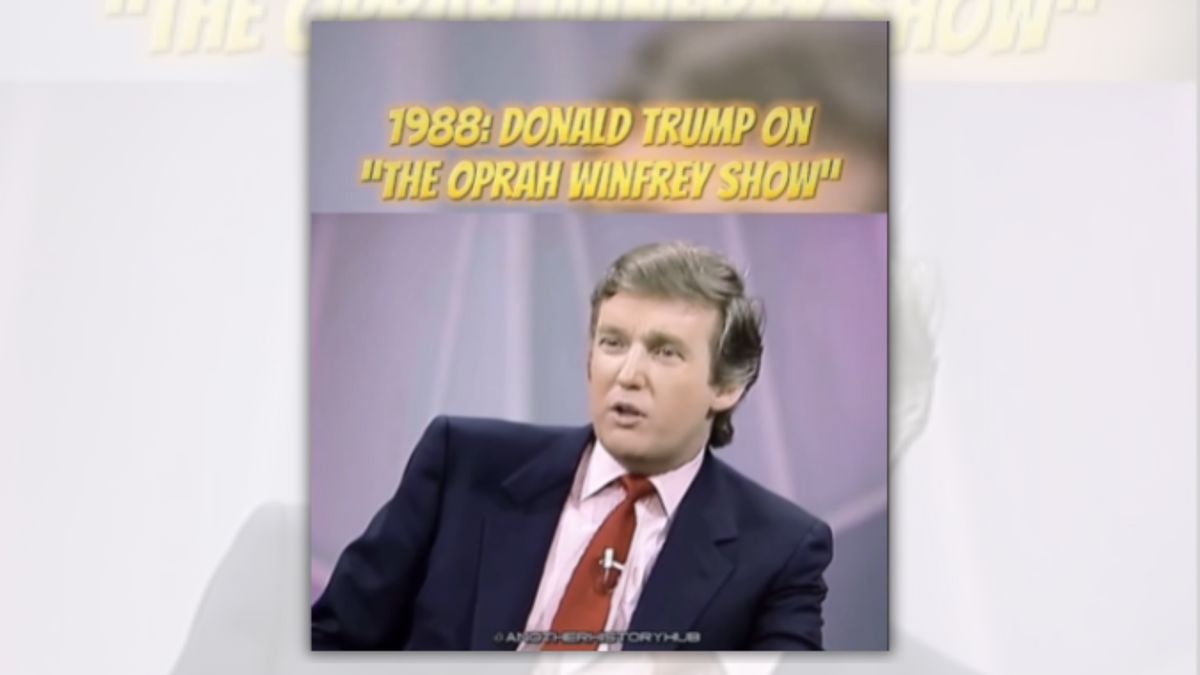 A white man wearing a blue suit speaks. Above him, yellow text says, "1988: DONALD TRUMP ON "THE OPRAH WINFREY SHOW."