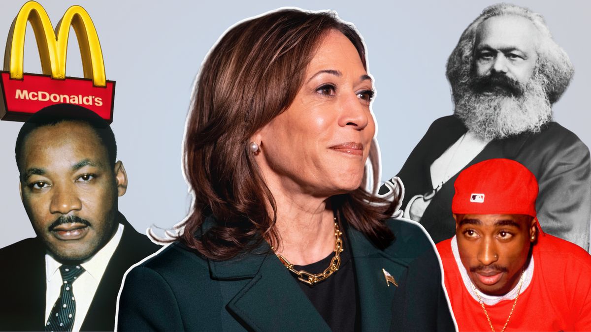 A Black South Asian woman is pictured in the center of an image. Surrounding her from left to right is a Black man wearing a suit, a yellow and red logo that say's McDonald's, a black-and-white image of a white man wearing a black suit and a Black man wearing a red shirt and backwards baseball cap.